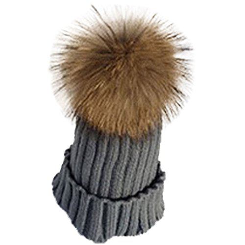 Fur Story Unisex Beanie Outdoor Cap Real Raccoon Fur Pom Pom Hats