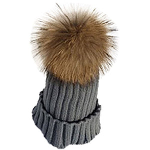 Fur Story Unisex Beanie Outdoor Cap Real Raccoon Fur Pom Pom Hats