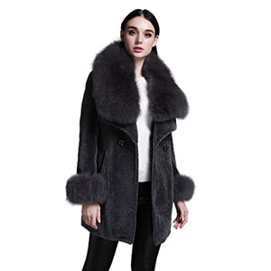 fur story Women's Long Real Lamb Fur Coat with Fox Fur Collar Thick Warm Coat Full Sleeve