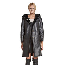 Load image into Gallery viewer, Fur Story Women&#39;s Synthetic Leather Long Coat with Real Lamb Fur Hoodie Double Faced Fur Full Sleeve O Neck