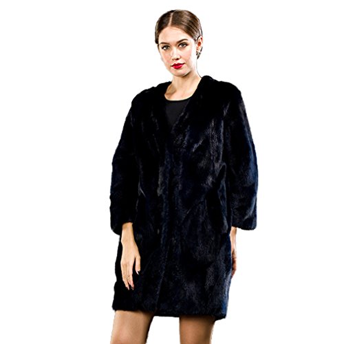 Fur Story Women's Long Fur Coat with Real Mink Fur Thick Warm Coat 3/4 Sleeve V Neck