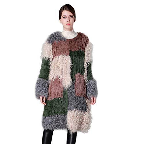 Fur Story Women's Knitted Long Fur Coat with Real Mongolia Lamb Fur Full Sleeve O Neck Contrast Color