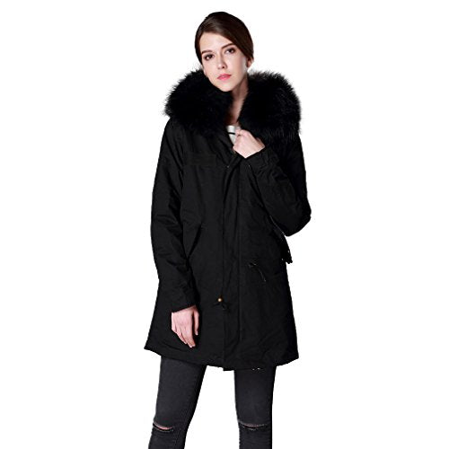 Fur Story Women's Long Real Fur Coat with Fox Fur Lining and Raccoon Fur Hood Full Sleeve