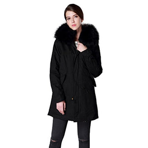 Fur Story Women's Long Real Fur Coat with Fox Fur Lining and Raccoon Fur Hood Full Sleeve