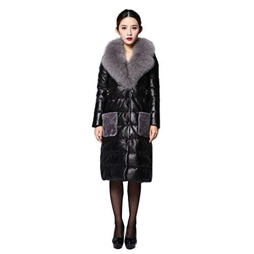 Fur Story Women's Long Fur Coat with Real Sheep Leather and Fox Fur Collar Full Sleeve