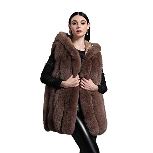 fur story Women's Long Real Fox Fur Vest with Hood Thick Warm Vest Sleeveless O Neck Length 85CM