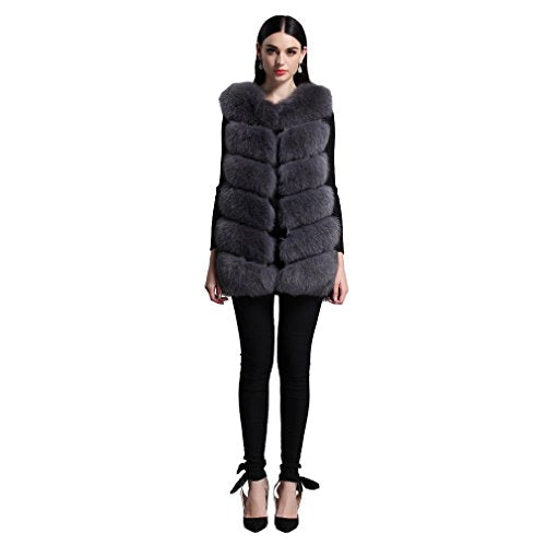 Fur Story Women's Fur Vest with Real Fox Fur Thick Warm Vest Sleeveless O Neck