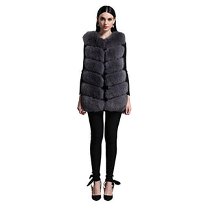 Fur Story Women's Fur Vest with Real Fox Fur Thick Warm Vest Sleeveless O Neck