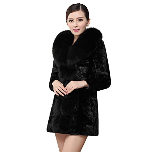 fur story Women's Real Mink Fur Coat with Fox Fur Collar and Placket Thick Warm Coat Full Sleeve
