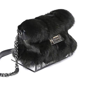 Fur Story Satchel Bags for women Fox Fur Satchel Purse Removable Crossbody Strap shoulder bag Black