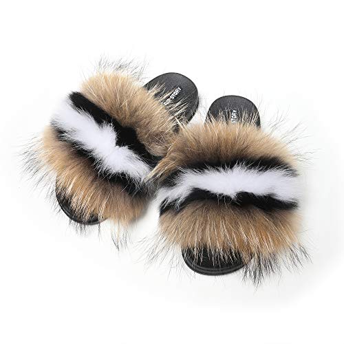 Fur Story FS19S08 Women's Fox Fur Slides Furry Slide Sandals Summer Fur  Slippers
