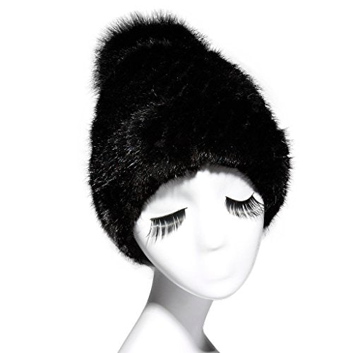 Fur Story Women's Knitted Real Mink Fur Beanie Hat with Fox Fur Pom Pom Skullies Hat