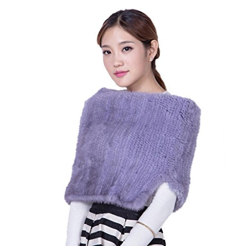 Fur Story Women's Knit Fur Poncho with Real Mink Fur Thick Warm Pashmina