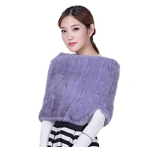 Fur Story Women's Knit Fur Poncho with Real Mink Fur Thick Warm Pashmina
