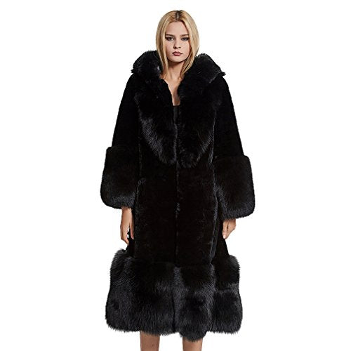 fur story Women's Long Real Rabbit Fur Coat with Fox Fur Hem Cuff Hood Warm Coat Full Sleeve O Neck