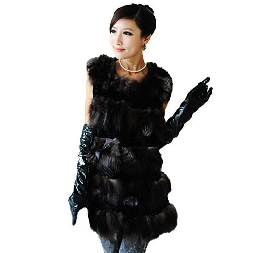 Fur Story Women's Long Fur Vest with Real Rabbit and Fox Fur Thick Warm Vest Sleeveless O Neck
