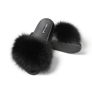 Fur Story FS19S02 Women's Fox Fur Slides Furry Slide Sandals Summer Fur Slippers