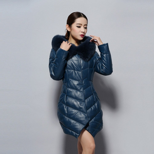 Women's Genuine Leather Coat with Fox Fur Hood Trim Winter Invisible Zipper Design Leather Down Coat 14156