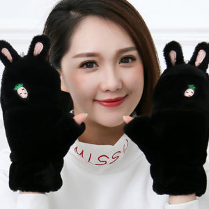 Women Girls Soft Plush Convertible Flip Top Gloves Cute Fingerless Winter Mittens 22831
