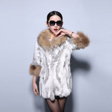 Load image into Gallery viewer, Real Rabbit Fur Coat with Raccoon Fur Collar and Cuff Jacket Overcoat  010130