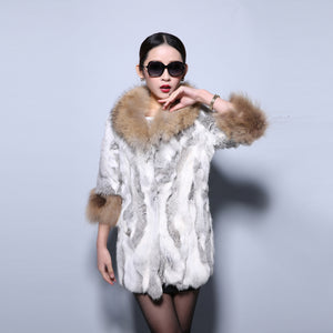 Real Rabbit Fur Coat with Raccoon Fur Collar and Cuff Jacket Overcoat  010130