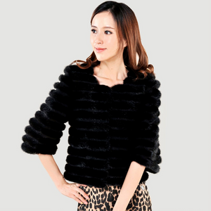 Women's Natural Mink Fur Coat Women Half Sleeve Stripes Female Short Overcoat 13086