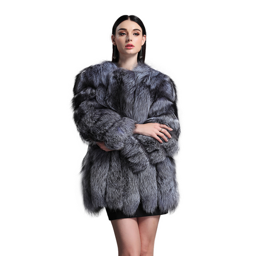Natural Fox Fur Coat Luxury Fur Overcoat Garment Jacket Large Size O-Neck