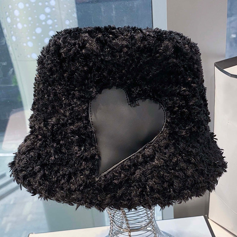 FUR STORY Women's heart pattern plush bucket hat warm fisherman's hat in winter 22625
