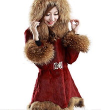 Load image into Gallery viewer, fur story Women&#39;s Long Real Rabbit/Raccoon Fur Coat with Fur Hood Cuff and Hem Full Sleeve
