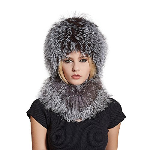 Fur Story FS17613 Women's Real Fox Fur Skullies Beanie Hat Scarf Set Elastic Warm Winter Hats Women