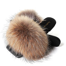 Load image into Gallery viewer, Womens Flat Furry Slides Toe Square Fox Fur Fuzzy Sandals Fashion Dressy Shoes for Ladies Black Sexy Slippers with Open Toe