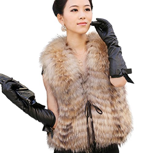 Fur Story Women's Fur Vest with Real Raccoon Fur Stripes Sleeveless with Belt (Natural Golden)