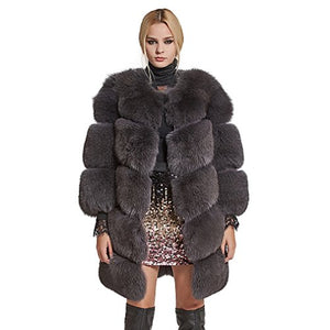 fur story Women's Long Fur Coat with Real Fox Fur Thick Warm Coat O Neck