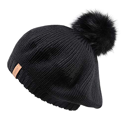 Pilipala Women's Knit Beret Hat with Fur Pom French Beret Bennie Fashion Skull Cap Winter