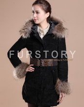 Load image into Gallery viewer, Winter Pig Leather Suede Windbreak with Natural Raccoon Fur Hood Slim Waist Women&#39;s Coats