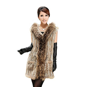 fur story 15272 Women's Knitted Real Long Rabbit Fur Vest with Fur Collor and Placket