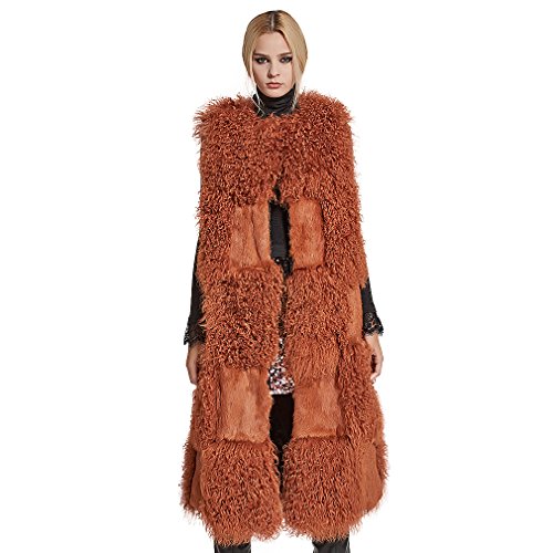 fur story Women's Long Real Mongolian Lamb Fur Vest with Rabbit Fur Sleeveless O Neck