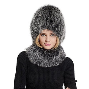 Fur Story FS17613 Women's Real Fox Fur Skullies Beanie Hat Scarf Set Elastic Warm Winter Hats Women