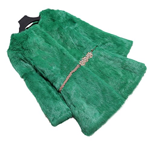 Fur Story Women's Long Fur Coat with Real Rabbit Fur Thick Warm Nine Points Sleeve O Neck US 6 (Green)