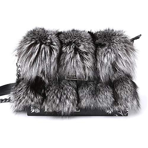 Fur Story Satchel Bags for women Silver Fox Fur Satchel Purse Removable Crossbody Strap shoulder bag Silver