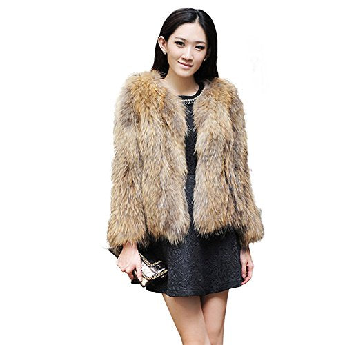 Fur Story Women's Short Knitted Real Raccoon Fur Jacket