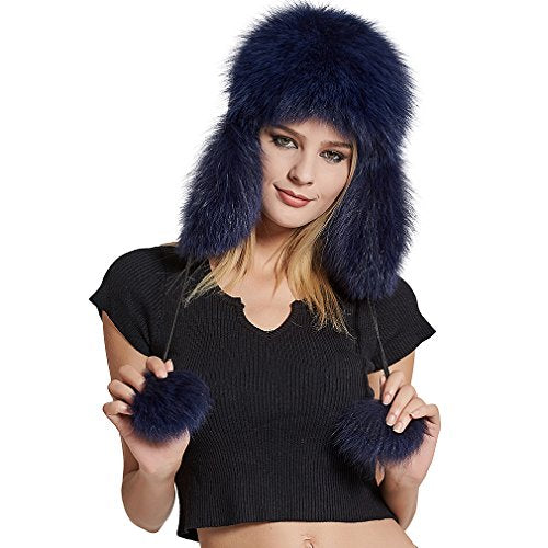 Women's Fur Trapper Hat with Sheepskin Earflap Bomber Hat Men's Winter Fur Hat(Blue)