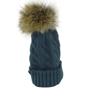 Fur Story Unisex Beanie Outdoor Cap Real Raccoon Fur Pom Pom Hats