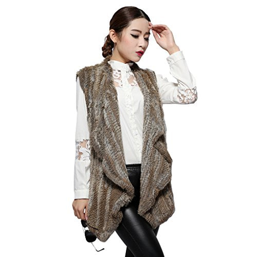 Fur Story Women's Knitted Real Rabbit Fur Vest Inclined Placket