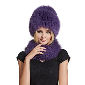 Fur Story FS17613 Women's Real Fox Fur Skullies Beanie Hat Scarf Set Elastic Warm Winter Hats Women