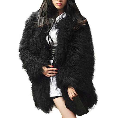 fur story Women's Long Fur Coat with Real Mongolia Lamb Fur Thick Warm Coat Full Sleeve O Neck