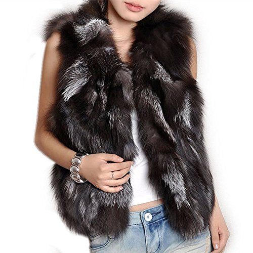 fur story Women's Fur Vest with Real Silver Fox Fur Thick Warm Vest Sleeveless V Neck