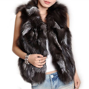 fur story Women's Fur Vest with Real Silver Fox Fur Thick Warm Vest Sleeveless V Neck