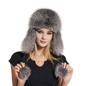 Fur Story Women's Fur Trapper Hat with Sheepskin Earflap Warm Bomber Hat Winter hat with Pom Pom