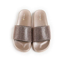 Load image into Gallery viewer, Fur Story Women&#39;s Slides Glitter Rhinestone Black Gold Silver Sandals (Low Gold )